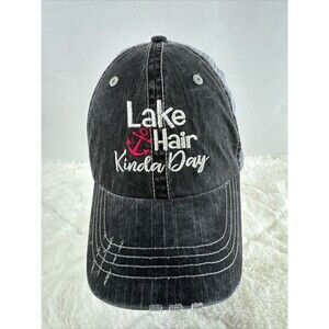 Women’s LAKE HAIR KINDA DAY hat distressed-style gray adjustable cap hair humor.